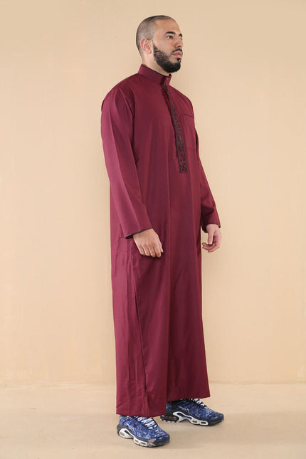 Mens Wine Thobe Jubba Emirati Islamic Arabic Eid Embroidery Kaftan Jubbah Robe