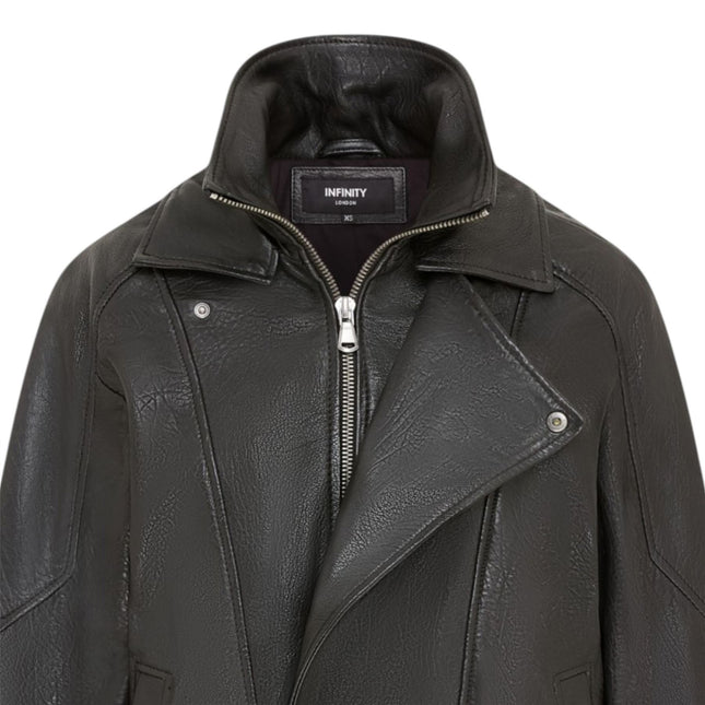 Womens Black Lamb Leather Biker Blouson Oversized Jacket - Big Bomber