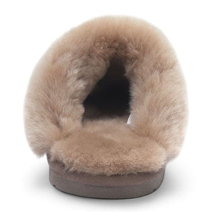 Women's Genuine Sheepskin Taupe Suede Mule Winter Slippers - Luna