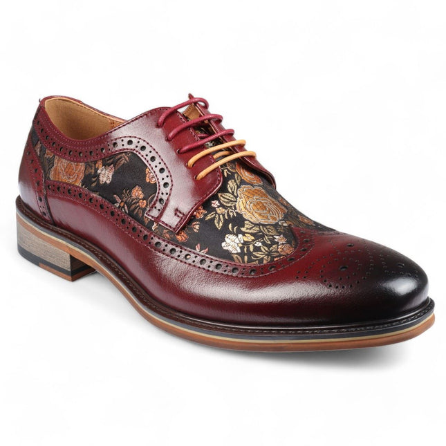 Justin Reess Men's Wine Leather Floral Print Brogue Dress Shoes - Ross