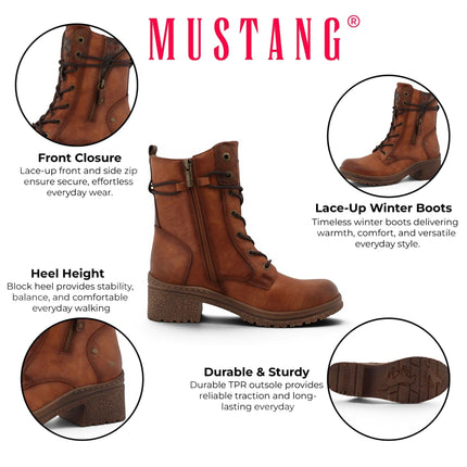 Mustang Women's Cognac Brown Lace-Up Heeled Winter Combat Boots - M0092003