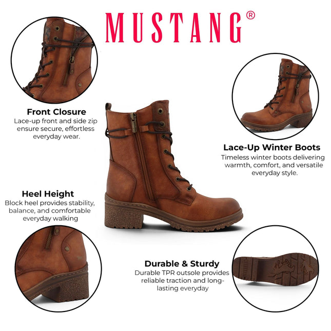 Mustang Women's Cognac Brown Lace-Up Heeled Winter Combat Boots - M0092003