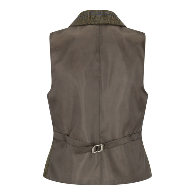 Women's Olive Tailored Fit Tweed Waistcoat in Herringbone Check