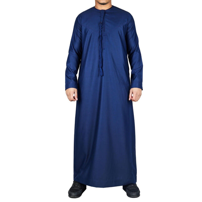 Men's Navy Blue Thobe Emirati Islamic Jubba Robe Eid Tassel Regular Fit