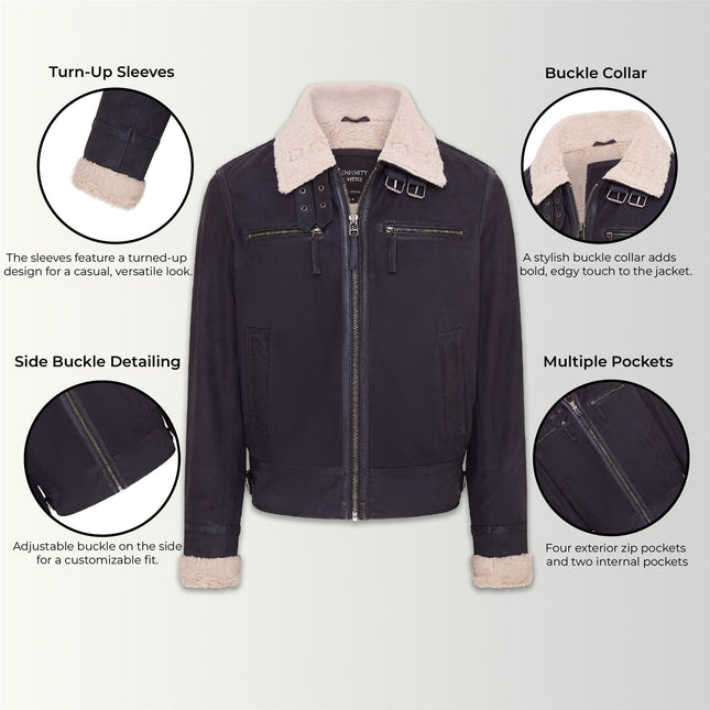 Mens Real Sheep Suede Bomber Jacket Aviator Jacket with Fur Lining