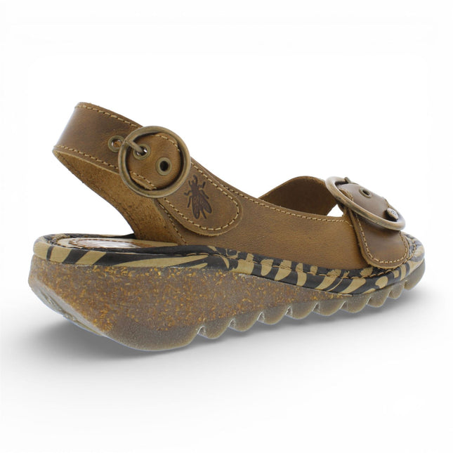 Fly London Women's TRAM723FLY Camel Brown Leather Wedge Sandals