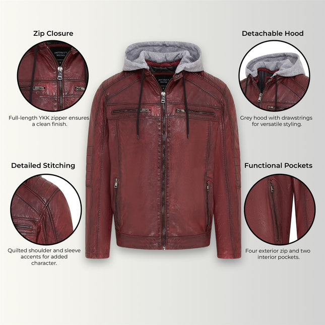 Men's Hooded Biker Lamb Leather Jacket - Burten