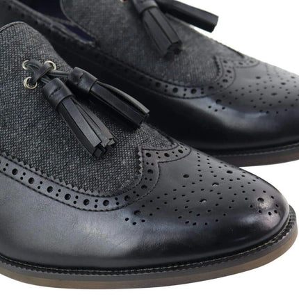 Mens Tasselled Black Leather Tweed Brogue Slip On Loafers