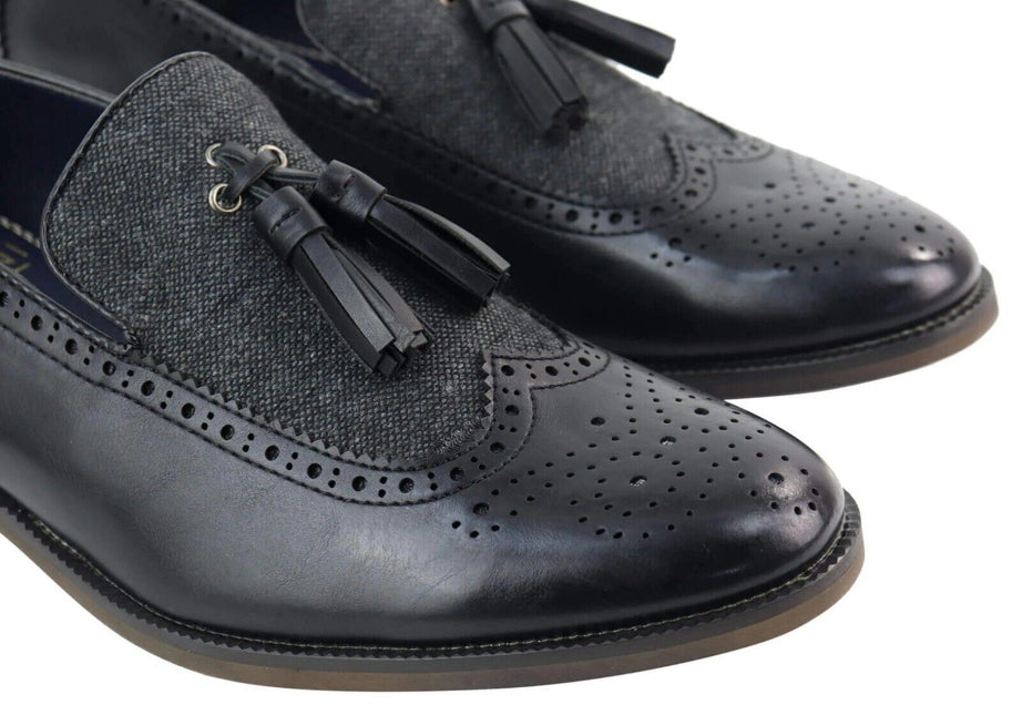 Mens Tasselled Black Leather Tweed Brogue Slip On Loafers
