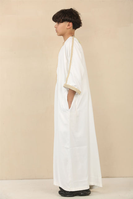 Kid's Boys White Moroccan Thobe Jubba Robe Eid Djellaba Gandoura