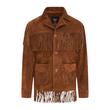 Men's Retro Tan Cowboy Suede Leather Fringe Jacket - Western