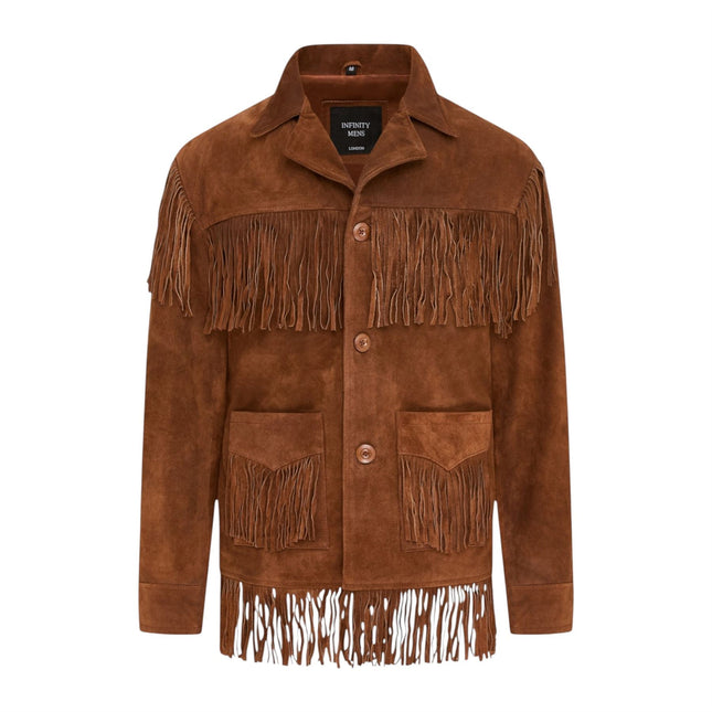 Men's Retro Tan Cowboy Suede Leather Fringe Jacket - Western