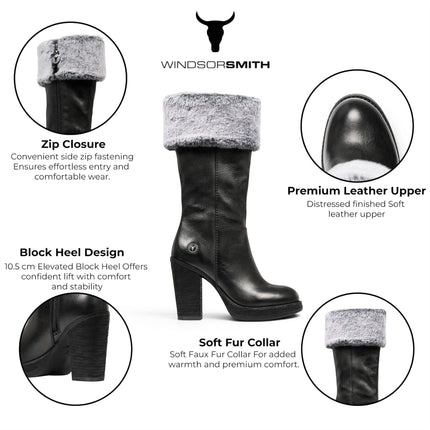 Windsorsmith Womens Mid Calf Black Leather High Heel Fur Boots - Lovestruck