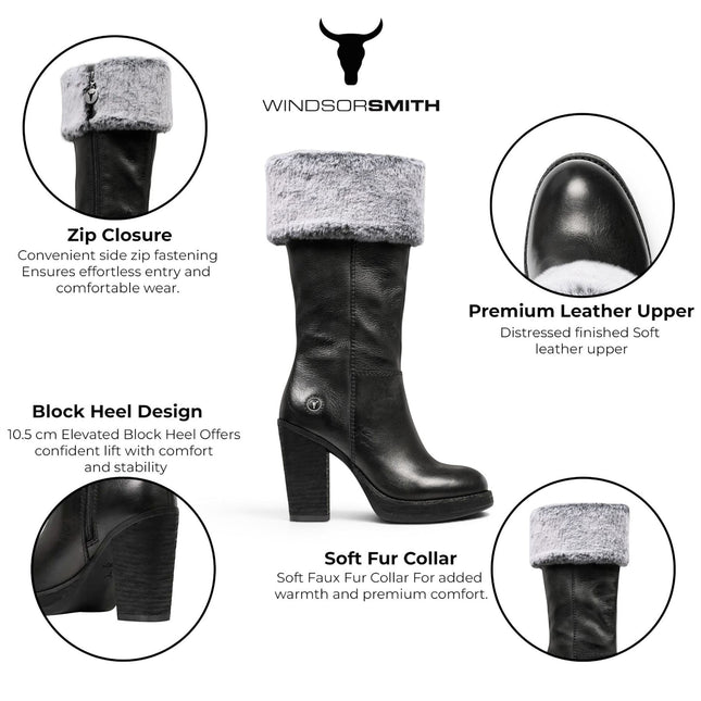 Windsorsmith Womens Mid Calf Black Leather High Heel Fur Boots - Lovestruck