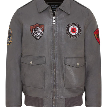 Men’s Grey Leather Bomber G-1 Aviator Collar Jacket  - Maverick