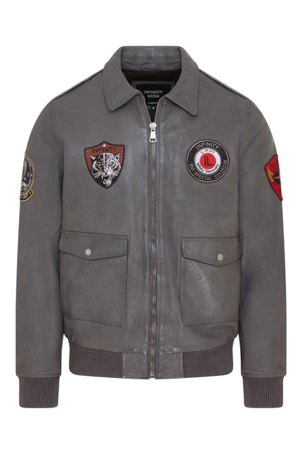 Men’s Grey Leather Bomber G-1 Aviator Collar Jacket  - Maverick