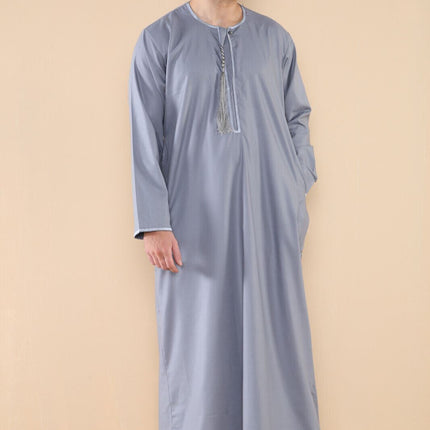 Mens Grey Thobe Jubba Saudi Islamic Arab Eid Emirati Kaftan Jubbah Tassel Robe
