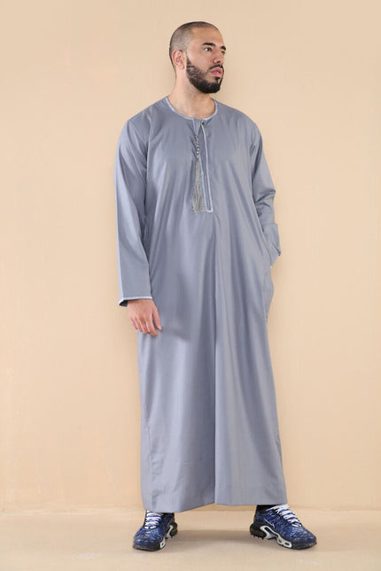 Mens Grey Thobe Jubba Saudi Islamic Arab Eid Emirati Kaftan Jubbah Tassel Robe