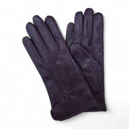 Womens Purple Italian Leather Winter Stitch Line Design Soft Wool Lining Gloves - L-GLV-301