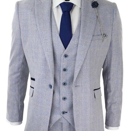Mens 3 Piece Tweed Suit Light Blue Check Peaky Blinders 1920 Gatsby Wedding Suit