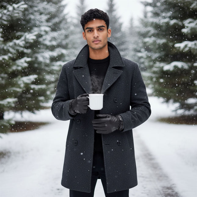 Men’s Brown Italian Leather Warm Wool Lining Winter Knit Rib Gloves - M-LGV-105