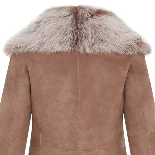 Women's Taupe Sheepskin Toscana Shearling Suede Leather Jacket - Noiré