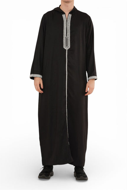 Men's Eid Black Hooded Moroccan Thobe Robe Djellaba Gandoura Ramadan Jubba- HM3