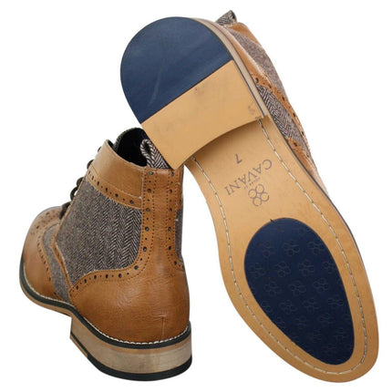 Mens Classic Tweed Oxford Ankle Boots In Tan Leather