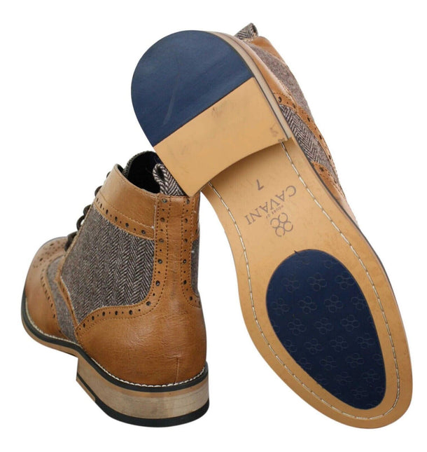 Mens Classic Tweed Oxford Ankle Boots In Tan Leather