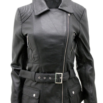 Womens Long Leather Biker Jacket-Quito