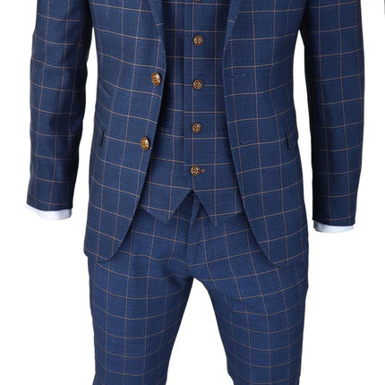 Mens 3 Piece Suit Blue Gold Check Peaky Blinders 1920 Gatsby Smart Vintage Suit