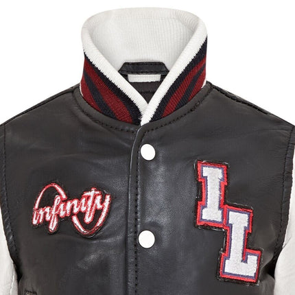 Kids Black Letterman Leather Varsity College Bomber Jacket