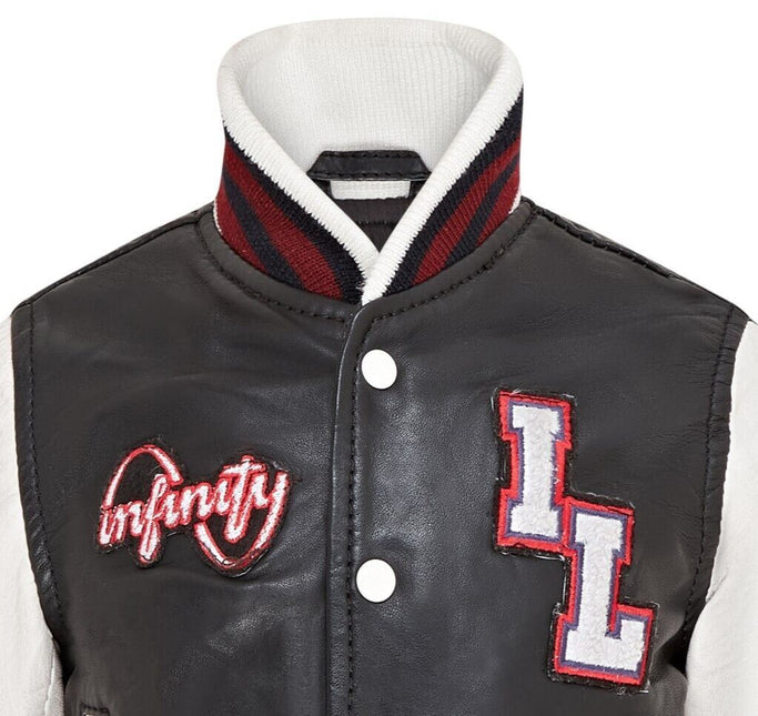 Kids Black Letterman Leather Varsity College Bomber Jacket