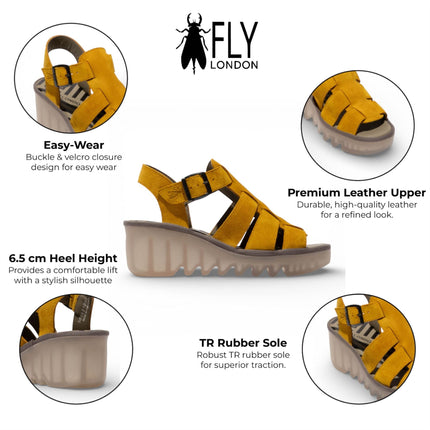 Fly London Women's BAIC621FLY Yellow Suede Leather Wedge Sandals