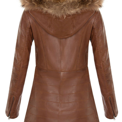 Womens Slim Fit Leather Hooded Parka Jacket-Northam