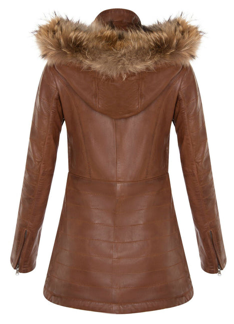 Womens Slim Fit Leather Hooded Parka Jacket-Northam