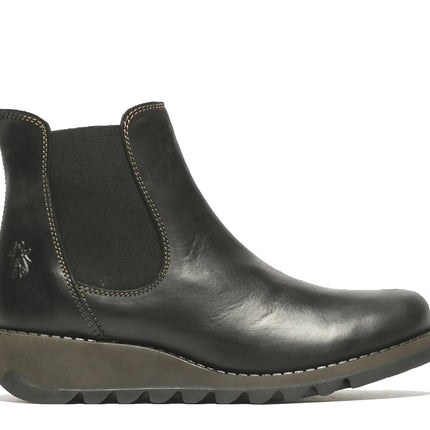 Fly London Womens Black Salv Chelsea Leather Ankle Casual Wedge Heel Boots
