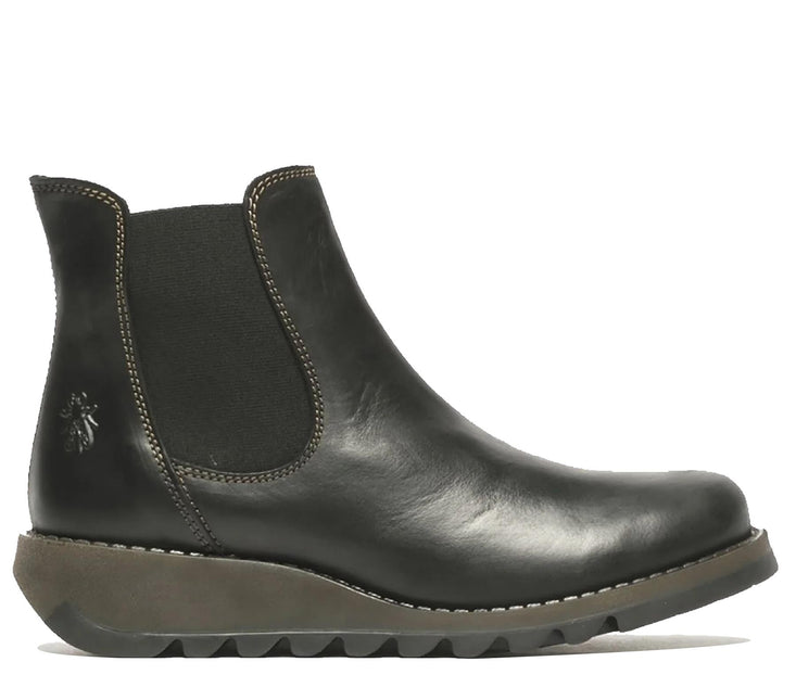 Fly London Womens Black Salv Chelsea Leather Ankle Casual Wedge Heel Boots