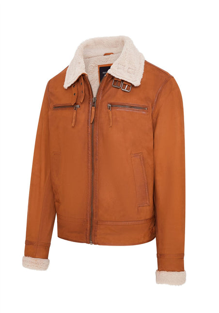Mens Real Sheep Suede Bomber Jacket Aviator Jacket with Fur Lining