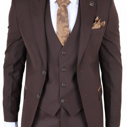 Men's 3 Piece Plain Dark Brown Work Formal Suit