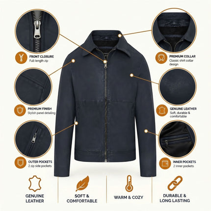 Mens Leather Blue Harrington Collar Biker Jacket - Alpha