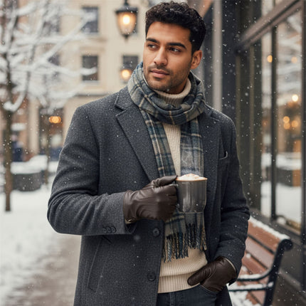 Men’s Brown Italian Leather Warm Wool Lining Winter Gloves - M-LGV-305