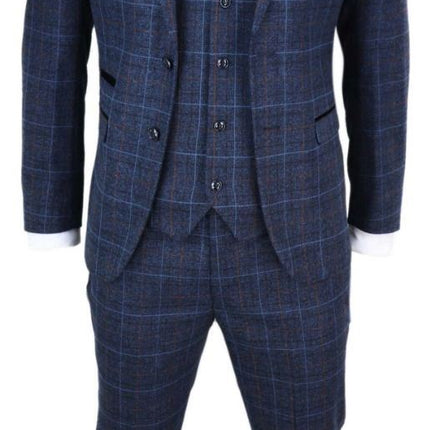 Mens 3 Piece Navy Blue Tweed Check Vintage Suit