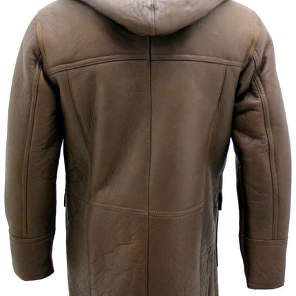 Mens Sheepskin Leather Hooded Duffle Coat-Hanko