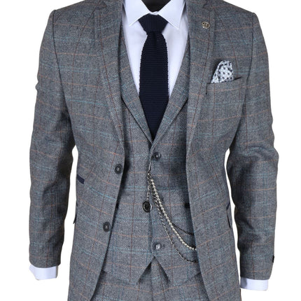 Men's Light Blue Grey Check Tweed 3-Piece Suit Vintage Pattern Tailored Fit Woollen Suit
