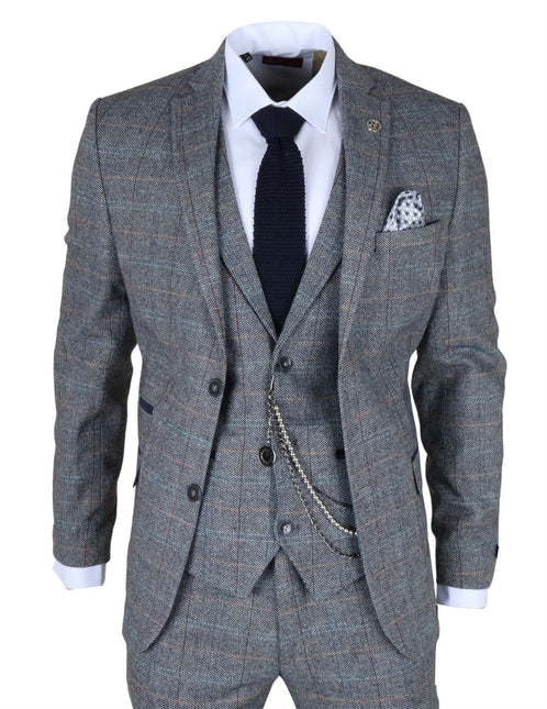Men's Light Blue Grey Check Tweed 3-Piece Suit Vintage Pattern Tailored Fit Woollen Suit