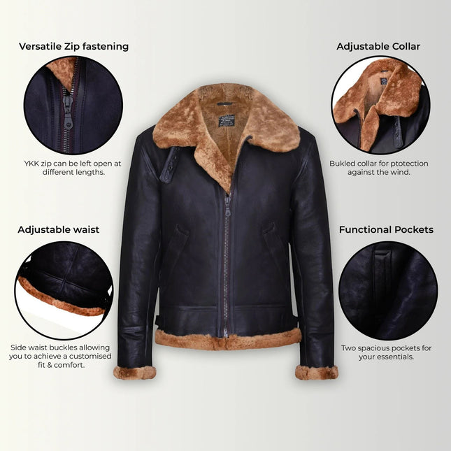 Mens B3 Aviator Real Sheepskin Leather Flying Jacket-Hobart