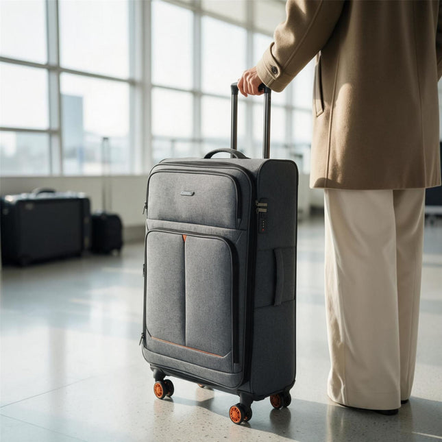 Soft Shell Black Linen Suitcase Set 8 Wheel Lightweight Travel Luggage