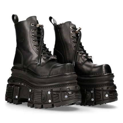 New Rock Metallic Black Leather Military Boots - M-MILI083CCT