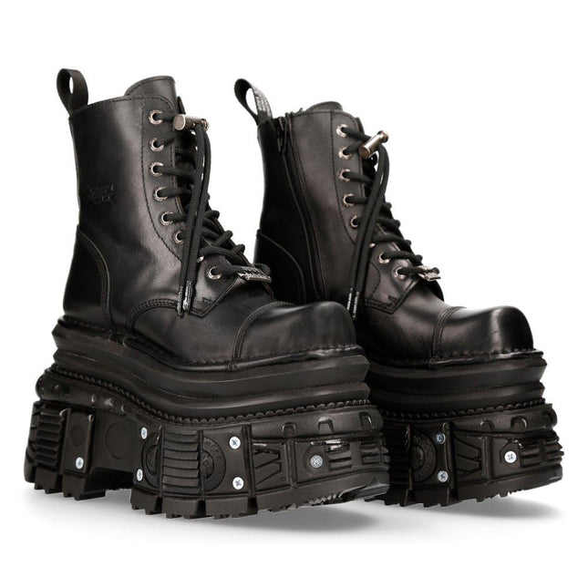 New Rock Metallic Black Leather Military Boots - M-MILI083CCT